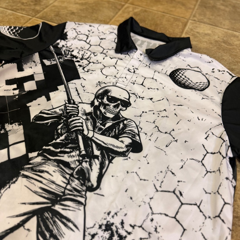 OUFISUN Mens 3XL Skeleton Golf Polo Shirt Black White Graphic Short Sleeve Tee - Picture 7 of 10